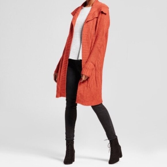 A New Day Burnt Orange Rust Colored Chunky Knit Long Cardigan Sweater - Picture 3 of 10